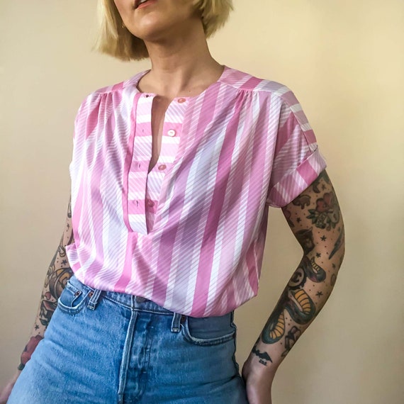 Medium Vintage Pink Stripe Polyester Blouse : Amy… - image 7