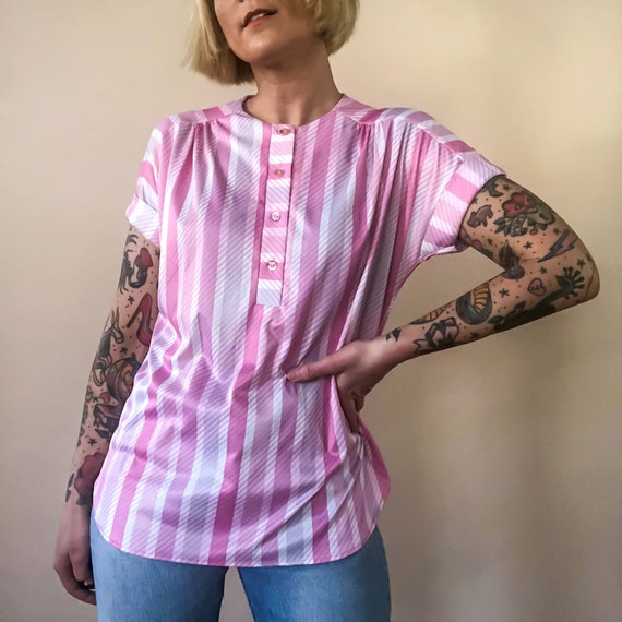 Medium Vintage Pink Stripe Polyester Blouse : Amy… - image 2