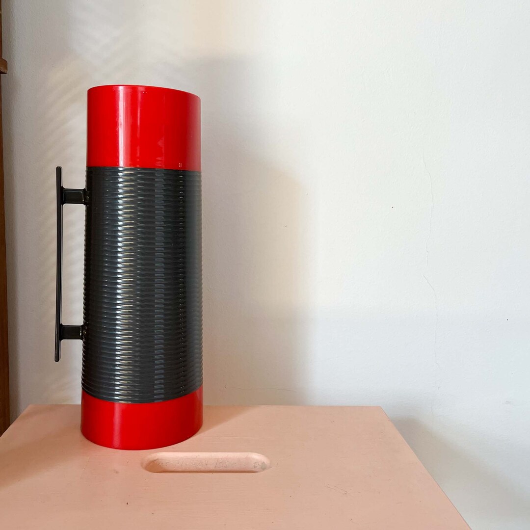 Vintage Aladdin's Duraclad Thermos Grey Red 1 Quart Insulated 1970s