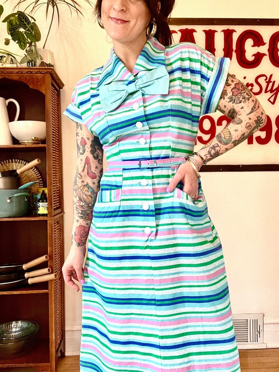 Small Vintage Striped Cotton Dress with Pockets a… - image 5