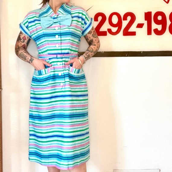 Small Vintage Striped Cotton Dress with Pockets a… - image 2