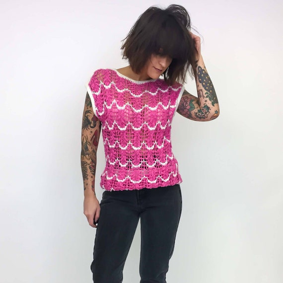 Small Vintage Pink and White Knit Sweater Short S… - image 3