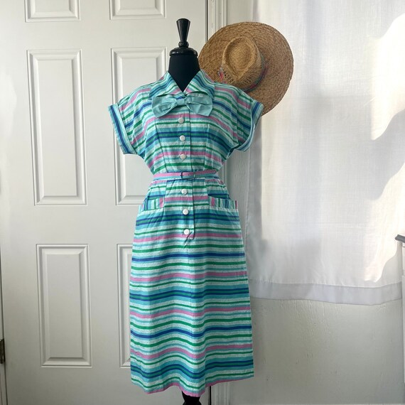 Small Vintage Striped Cotton Dress with Pockets a… - image 1