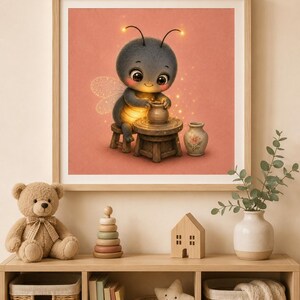 May include: A framed wall art print featuring a cute, fuzzy, dark gray bee character with glowing antennae and wings, sitting on a small wooden stool while shaping a clay pot on a pottery wheel, set against a solid, warm peach-colored background.