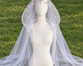 Velo de novia de lujo con capucha, capa de boda de cristal, chal de tul de princesa con borla de diamantes de imitación, tocado de hada y diosa.