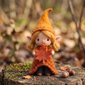 Needle Felted Autumn Elf Art Doll Woodland Gnome Holding Red Maple Leaf