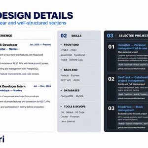Puede incluir: Una plantilla de curr&iacute;culum profesional con un dise&ntilde;o en azul oscuro y blanco. Incluye secciones para detalles de dise&ntilde;o, experiencia, habilidades y proyectos seleccionados. El texto enumera roles, habilidades t&eacute;cnicas y t&iacute;tulos de proyectos.
