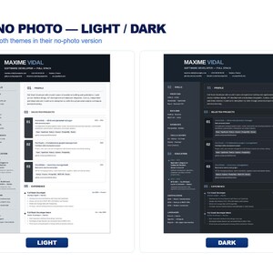 May include: Two resume templates for a software developer named Maxime Vidal, presented in light and dark color schemes. Each document features sections for profile, skills, selected projects, education, and experience with white or dark gray text.