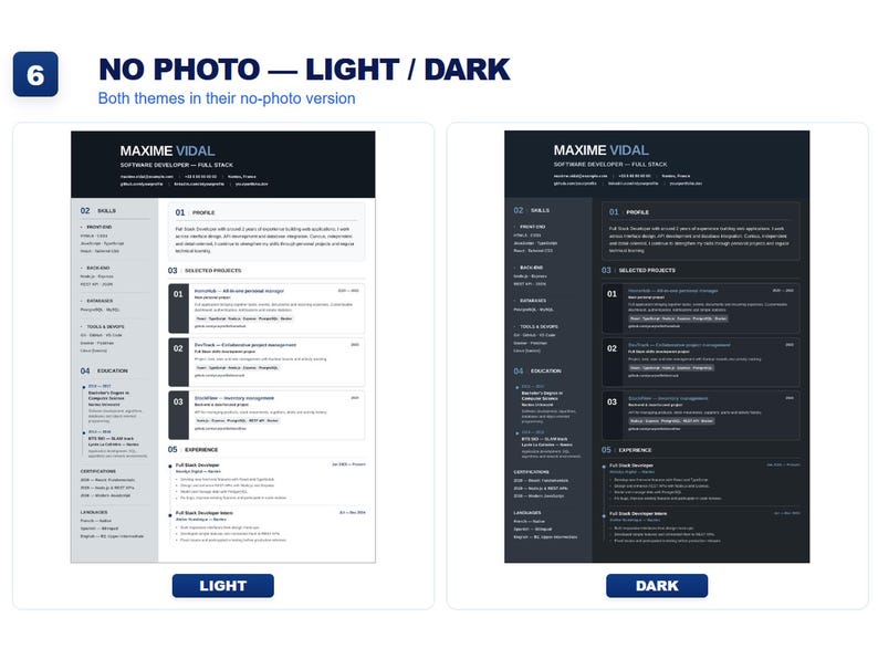 May include: Two resume templates for a software developer named Maxime Vidal, presented in light and dark color schemes. Each document features sections for profile, skills, selected projects, education, and experience with white or dark gray text.