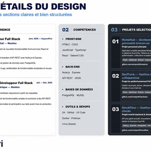 May include: A professional resume template featuring three distinct columns labeled D&Eacute;TAILS DU DESIGN, EXP&Eacute;RIENCE, COMP&Eacute;TENCES, and PROJETS S&Eacute;LECTIONN&Eacute;S. The layout includes sections for job history, technical skills like React and Node.js, and project descriptions with GitHub links, all presented in a clean, dark-themed, and structured grid format.