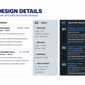 May include: A professional resume template featuring three columns titled Design Details, Experience, Skills, and Selected Projects. The layout includes bulleted lists for job roles, technical skills like React and Node.js, and project descriptions with dates.