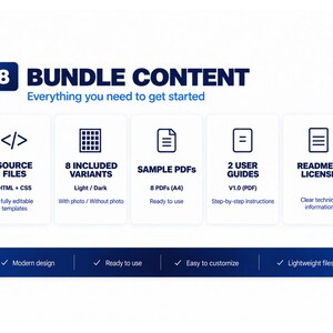 May include: A digital bundle content graphic featuring the text 8 BUNDLE CONTENT and Everything you need to get started. It lists source files, 8 variants, sample PDFs, 2 user guides, and a readme license. A bottom bar lists modern design, ready to use, easy to customize, and lightweight files.