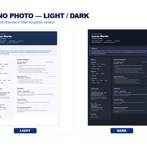 May include: A resume template for a full stack developer named Lucas Martin, presented in two versions: a light theme with dark text on a white background and a dark theme with light text on a dark background, both featuring sections for profile, skills, work experience, education, and projects.