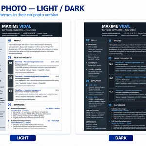 Puede incluir: Dos versiones de un curr&iacute;culum para un desarrollador de software llamado Maxime Vidal, presentadas en temas de color claro y oscuro. El documento incluye secciones para perfil, habilidades, proyectos seleccionados, educaci&oacute;n, certificaciones y experiencia.