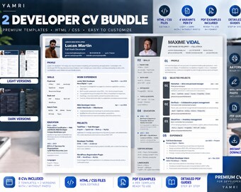 Paquete de 2 CV para desarrolladores EN | Plantillas HTML/CSS | Versión clara y oscura | Con/Sin foto | 8 variantes