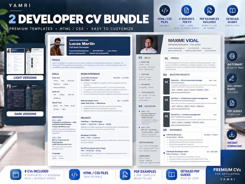 May include: A digital bundle of two developer CV templates titled YAMRI 2 DEVELOPER CV BUNDLE. The templates feature blue and white layouts with sections for profile, skills, work experience, projects, and education, including placeholder text.