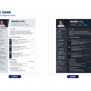 May include: A resume template featuring two color variations, light and dark, both displaying the name Maxime Vidal, a professional headshot, and sections for skills, profile, projects, education, and experience in a structured layout.
