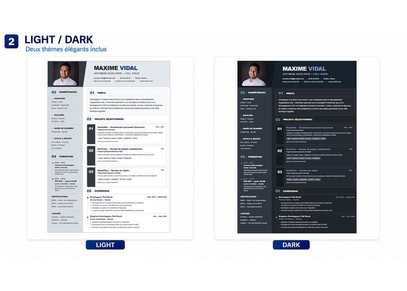 May include: A resume template featuring two color variations, light and dark, both displaying the name Maxime Vidal, a professional headshot, and sections for skills, profile, projects, education, and experience in a structured layout.