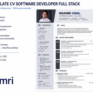 Può includere: Un modello di curriculum digitale in formato A4 per sviluppatore full stack, con un'intestazione grigio scuro che include una foto, contatti e sezioni per competenze, progetti, formazione ed esperienza. Il layout è bianco e grigio.