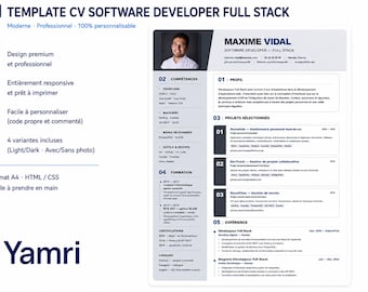 CV-sjabloon voor full-stack softwareontwikkelaar | Aanpasbaar HTML/CSS-CV | 4 lichte/donkere versies | Met en zonder foto