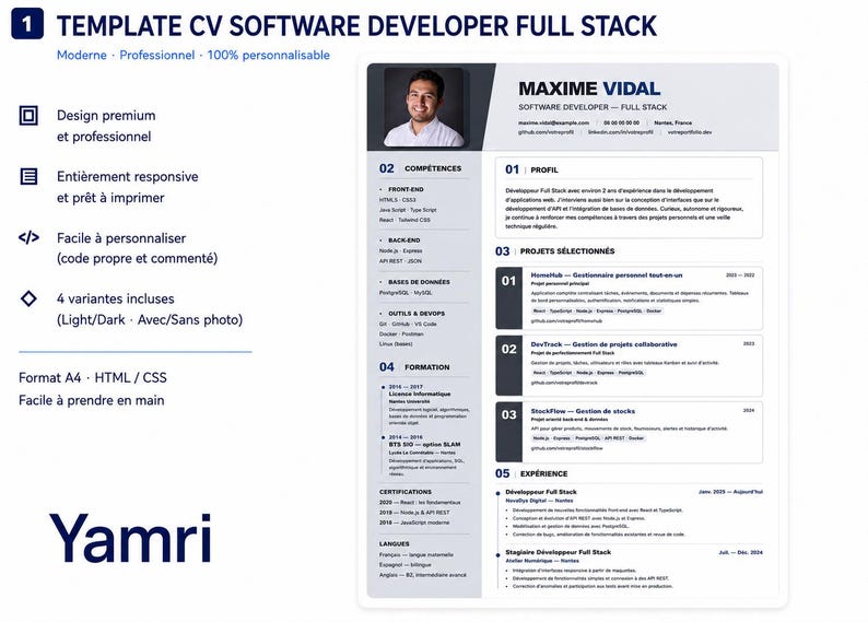 May include: A digital A4 resume template for a full stack software developer, featuring a dark gray header with a placeholder photo, contact details, and sections for skills, projects, education, and experience. The layout is white and gray.