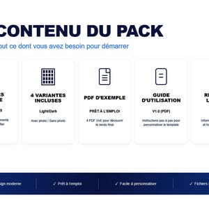 May include: A digital product pack infographic titled 5 CONTENU DU PACK. It lists five components: Fichiers Source, 4 Variantes Incluses, PDF D'exemple, Guide D'utilisation, and Readme + Licence, with a bottom bar highlighting design features.