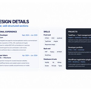 May include: A resume section titled Design Details with a blue number 4. It features three columns: Professional Experience listing Junior Web Developer and Web Developer Intern roles, a Skills section with tech stacks, and a Projects column.