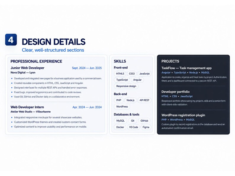 May include: A resume section titled Design Details with a blue number 4. It features three columns: Professional Experience listing Junior Web Developer and Web Developer Intern roles, a Skills section with tech stacks, and a Projects column.