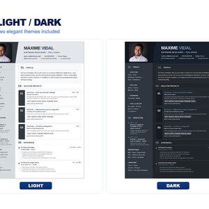 May include: A resume template featuring two distinct color schemes, light and dark, for a software developer named Maxime Vidal. Each version includes a profile photo, contact details, skills, education, project history, and professional experience.