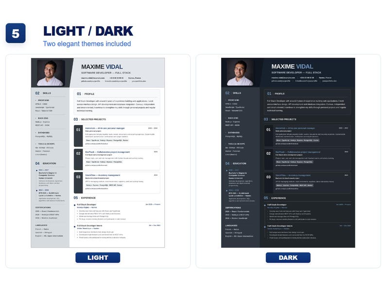 May include: A resume template featuring two distinct color schemes, light and dark, for a software developer named Maxime Vidal. Each version includes a profile photo, contact details, skills, education, project history, and professional experience.