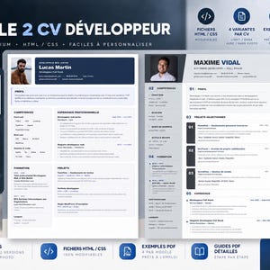 Op de afbeelding: Een digitaal pakket met twee cv-sjablonen voor ontwikkelaars van YAMRI, inclusief HTML- en CSS-bestanden. De afbeelding toont twee cv-lay-outs met tijdelijke aanduidingen voor foto's, werkervaring, vaardigheden en opleiding, plus PDF-gidsen.