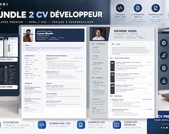 Bundle of 2 Developer CVs (French) | HTML/CSS Templates | Light & Dark | With/Without Photo | 8 Variations