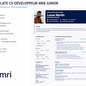 May include: A digital A4 resume template for a junior web developer featuring a dark blue header with a placeholder photo, contact details, and sections for profile, skills, professional experience, education, and projects, labeled with the brand Yamri.