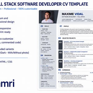 Może przedstawiać: Szablon CV dla programisty full stack w formacie A4 z przejrzystym układem zawierającym sekcje dotyczące profilu, umiejętności, projektów, wykształcenia i doświadczenia. Dokument zawiera zdjęcie zastępcze, dane kontaktowe oraz listy techniczne.