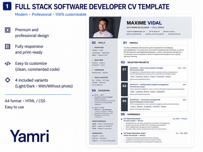 Puede incluir: Una plantilla de CV para desarrollador full stack en formato A4 con un dise&ntilde;o limpio que incluye secciones para perfil, habilidades, proyectos, educaci&oacute;n y experiencia. El documento contiene una foto de muestra, datos de contacto y listas t&eacute;cnicas.