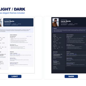 May include: A digital resume template featuring two color variations labeled Light and Dark. Each version displays the name Lucas Martin, a profile photo, contact details, professional summary, skills, work experience, education, and projects.