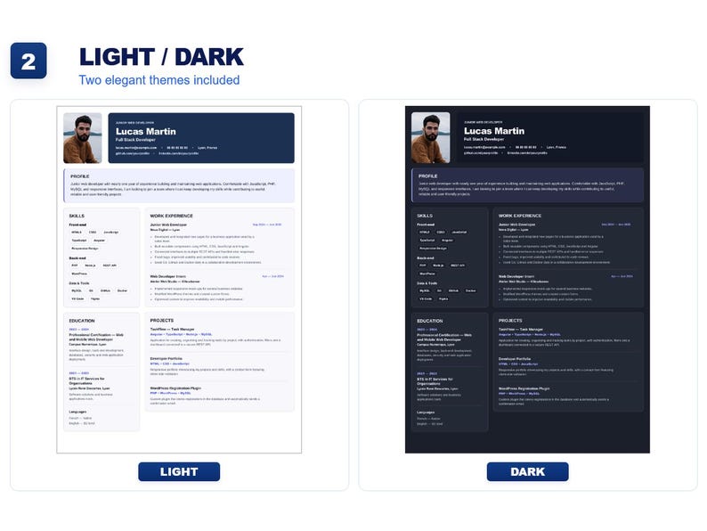 May include: A digital resume template featuring two color variations labeled Light and Dark. Each version displays the name Lucas Martin, a profile photo, contact details, professional summary, skills, work experience, education, and projects.