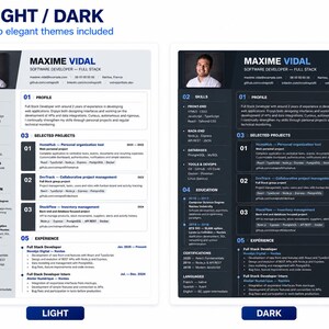 Puede incluir: Una plantilla de curr&iacute;culum con dos temas de color, claro y oscuro, para un desarrollador de software llamado Maxime Vidal. El dise&ntilde;o incluye secciones para perfil, habilidades, proyectos, educaci&oacute;n y experiencia, con datos de contacto y foto.