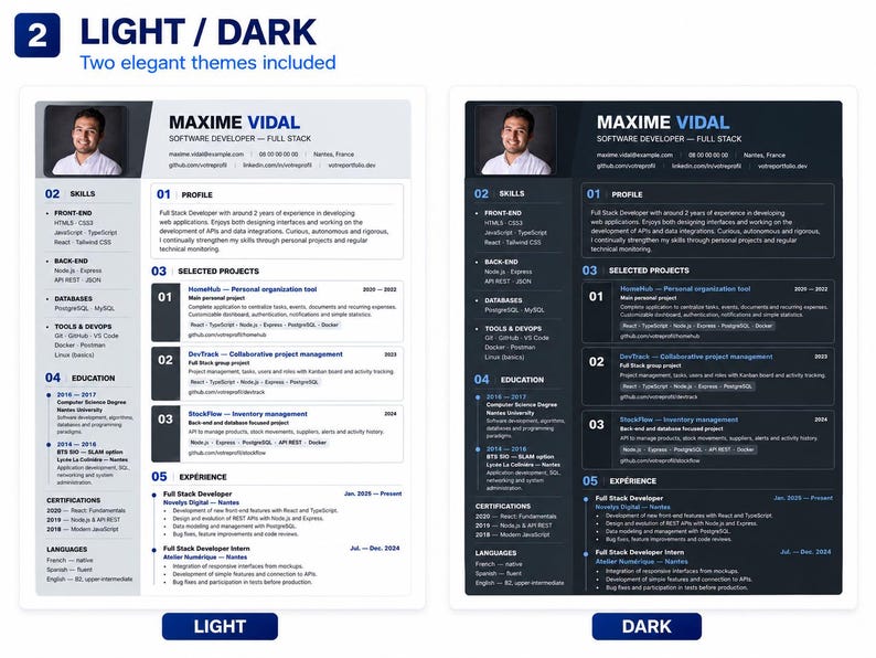 Puede incluir: Una plantilla de curr&iacute;culum con dos temas de color, claro y oscuro, para un desarrollador de software llamado Maxime Vidal. El dise&ntilde;o incluye secciones para perfil, habilidades, proyectos, educaci&oacute;n y experiencia, con datos de contacto y foto.