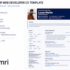 May include: A Junior Web Developer CV template in A4 format featuring a dark blue header with a photo, contact details, and sections for profile, skills, work experience, education, and projects. The layout is clean, professional, and organized.
