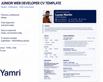 Junior Web Developer CV Template | Customizable HTML/CSS Resume | 4 Light & Dark Variants | With and Without Photo