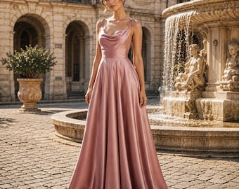 A Line Pink Spaghetti Straps Satin  High Slit Long Prom Dress ,Floor Length Wedding Guest Dress Custom Bridesmaid Dress