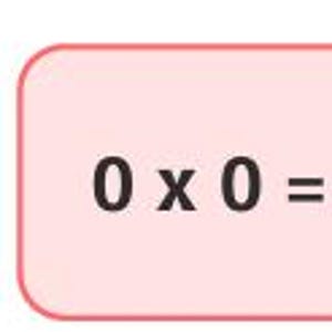 May include: A rectangular graphic with rounded corners featuring a light pink background. The text 0 x 0 = is displayed in black on the left side, and a solid red circle containing the white number 0 is positioned on the right side.