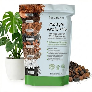 Peut inclure: Un sac de terreau Molly's Aroid Mix pour plantes tropicales, marqué 5 Dry Quarts (5,5L). L'emballage présente une coupe verticale des ingrédients, notamment des copeaux de coco, de l'écorce d'orchidée, du charbon, de l'argile expansée et de la perlite.