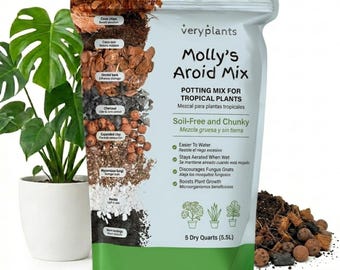 May include: A bag of Molly's Aroid Mix potting soil for tropical plants, labelled 5 Dry Quarts (5.5L). The packaging displays a vertical cross-section of ingredients including coco chips, orchid bark, charcoal, expanded clay, and perlite.