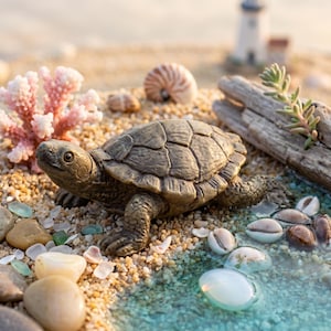 Peut inclure: Une figurine de tortue brune posée sur une surface sablonneuse avec des galets, une branche de corail rose, un petit coquillage en spirale, un morceau de bois flotté, une plante succulente verte et un phare miniature près d'un point d'eau bleu.