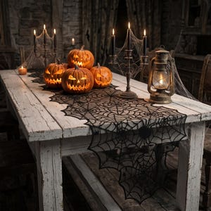 May include: A black lace table runner with a spiderweb pattern draped over a white wooden table. The table is decorated with three carved orange pumpkins with glowing interiors, two black candelabras with lit candles, and a metal lantern.
