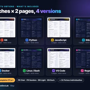8 druckbare Entwickler-Spickzettel – Git, Python, JavaScript, SQL, Docker, Linux, VS Code-Shortcuts, Regex – Helles und dunkles PDF Bild 2