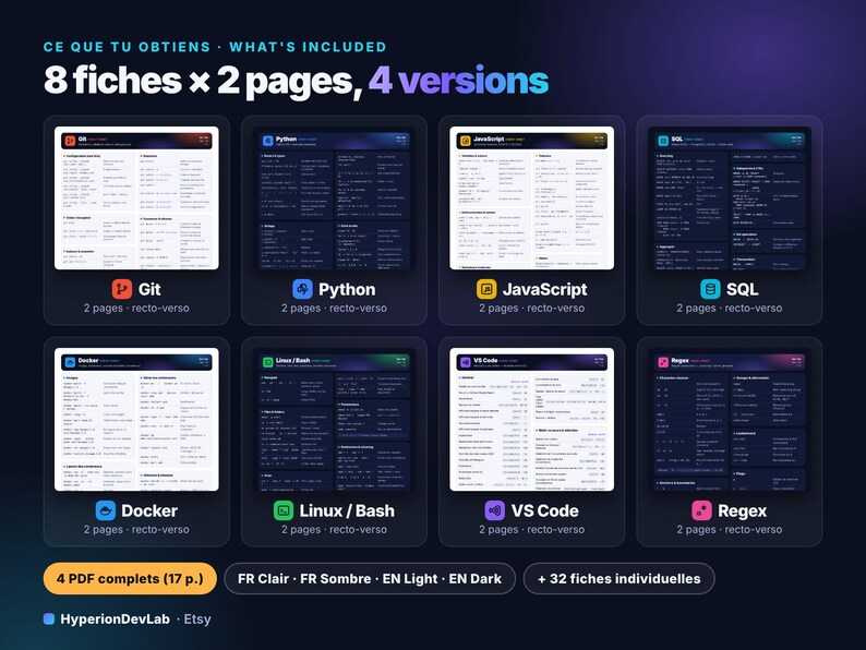 8 druckbare Entwickler-Spickzettel – Git, Python, JavaScript, SQL, Docker, Linux, VS Code-Shortcuts, Regex – Helles und dunkles PDF Bild 2