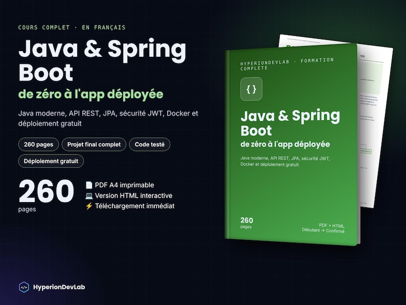 Pu&ograve; includere: Un libro verde intitolato Java & Spring Boot de z&eacute;ro &agrave; l'app d&eacute;ploy&eacute;e con 260 pagine. La copertina presenta un'icona di parentesi graffe, dettagli su API REST, JPA, sicurezza JWT, Docker e informazioni sui formati PDF e HTML.